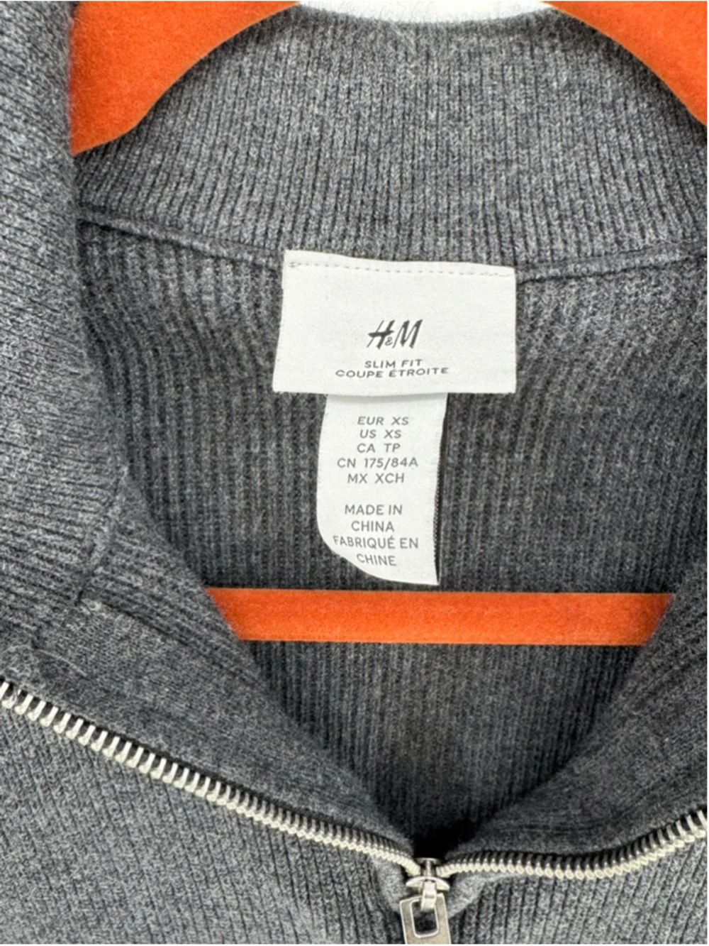 H&M Men's Gray Ribbed Slim Fit Quarter-Zip Sweater XS
